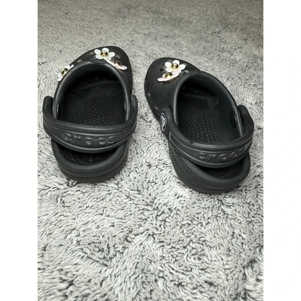 Crocs Classic Clogs Black Toddler Sz 5 Floral Flower Jibbitz Charms Slip On Shoe